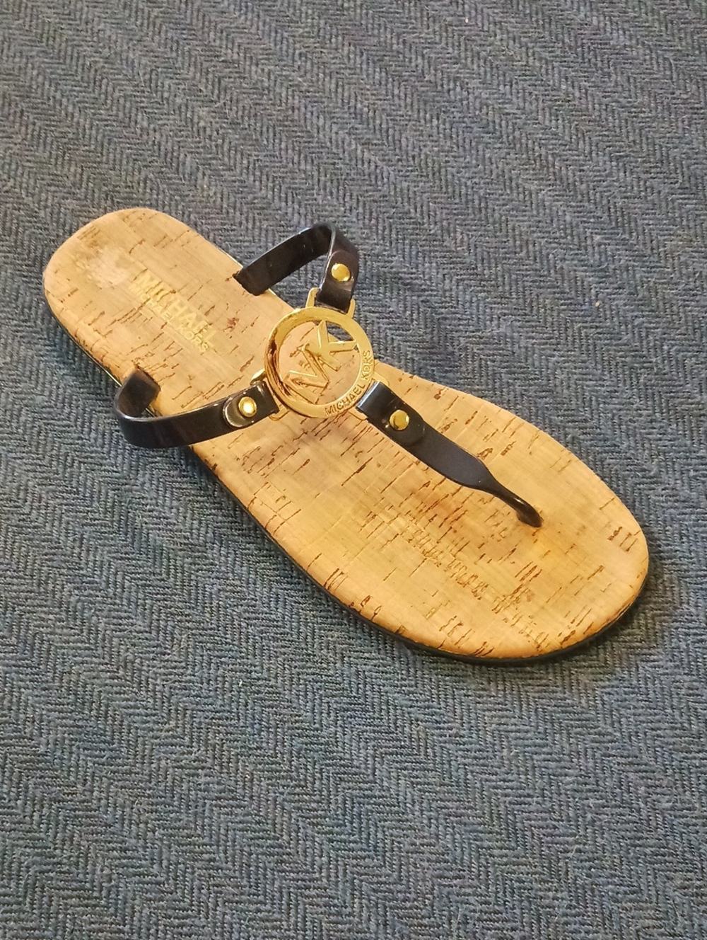 Michael Kors Navy Leather Thong Sandal with Gold Logo Medallion